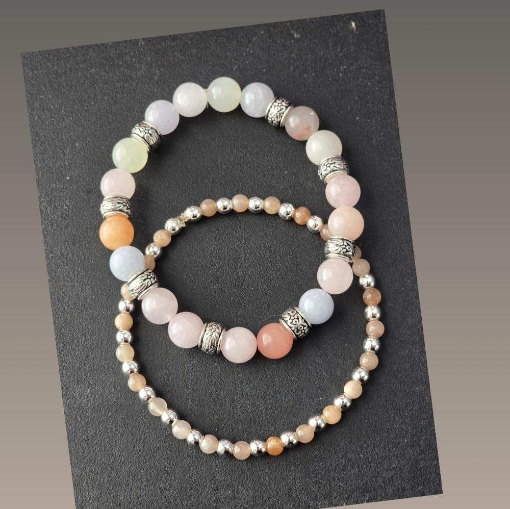 Sunstone, Hematite And Morganite Bracelet Set